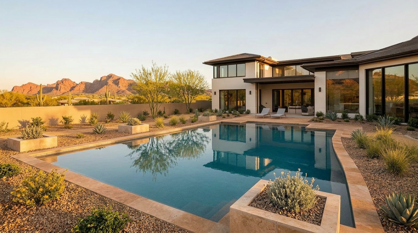 Luxury residential pool at golden hour